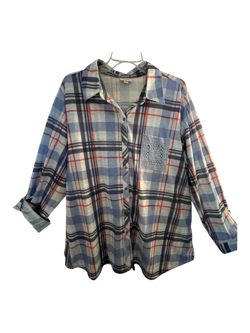 Blue Plaid Shirt with Navy & Red Accents and cute crochet pocket. Plus Sz 3X.